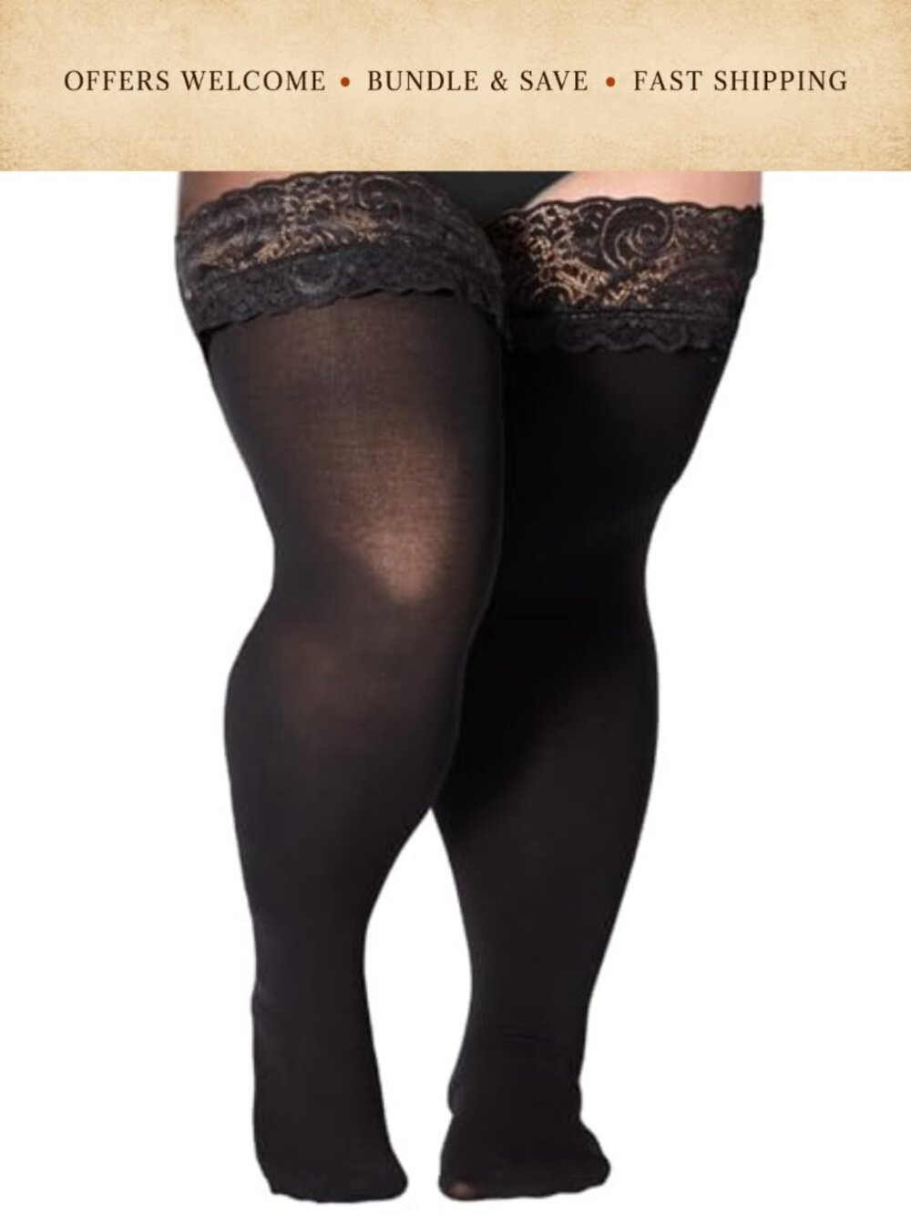 Plus Size Thigh High Stockings 55D Semi Sheer Silicone Lace Top Stay Up